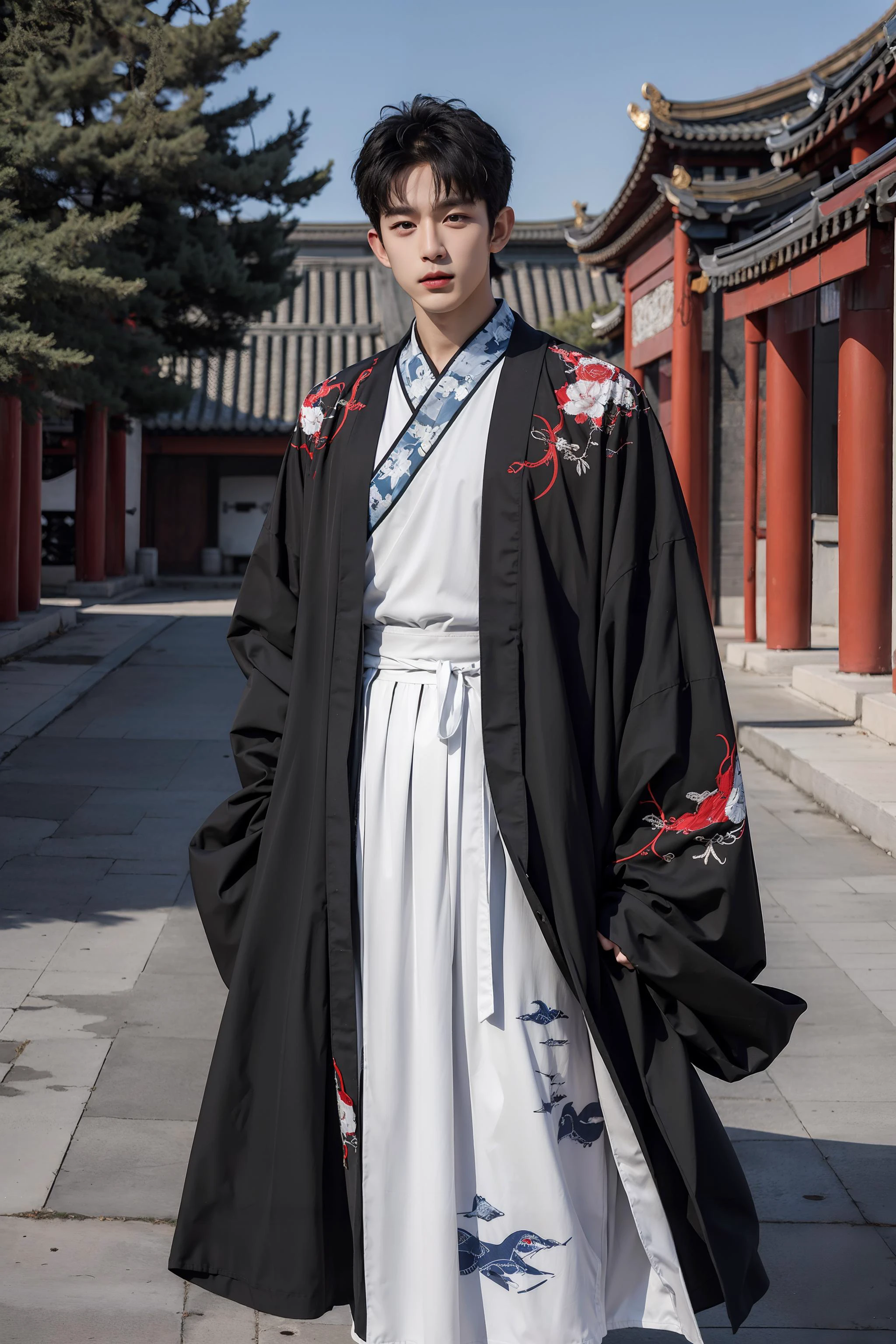 <lora:hanfu_nan:0.7>, 1boy, solo, short hair, big eyes, (blue print robe), (white long print skirt), (red print shirt),(upper body),(standing),((looking at viewer)),outdoors,(chinese style countryard),