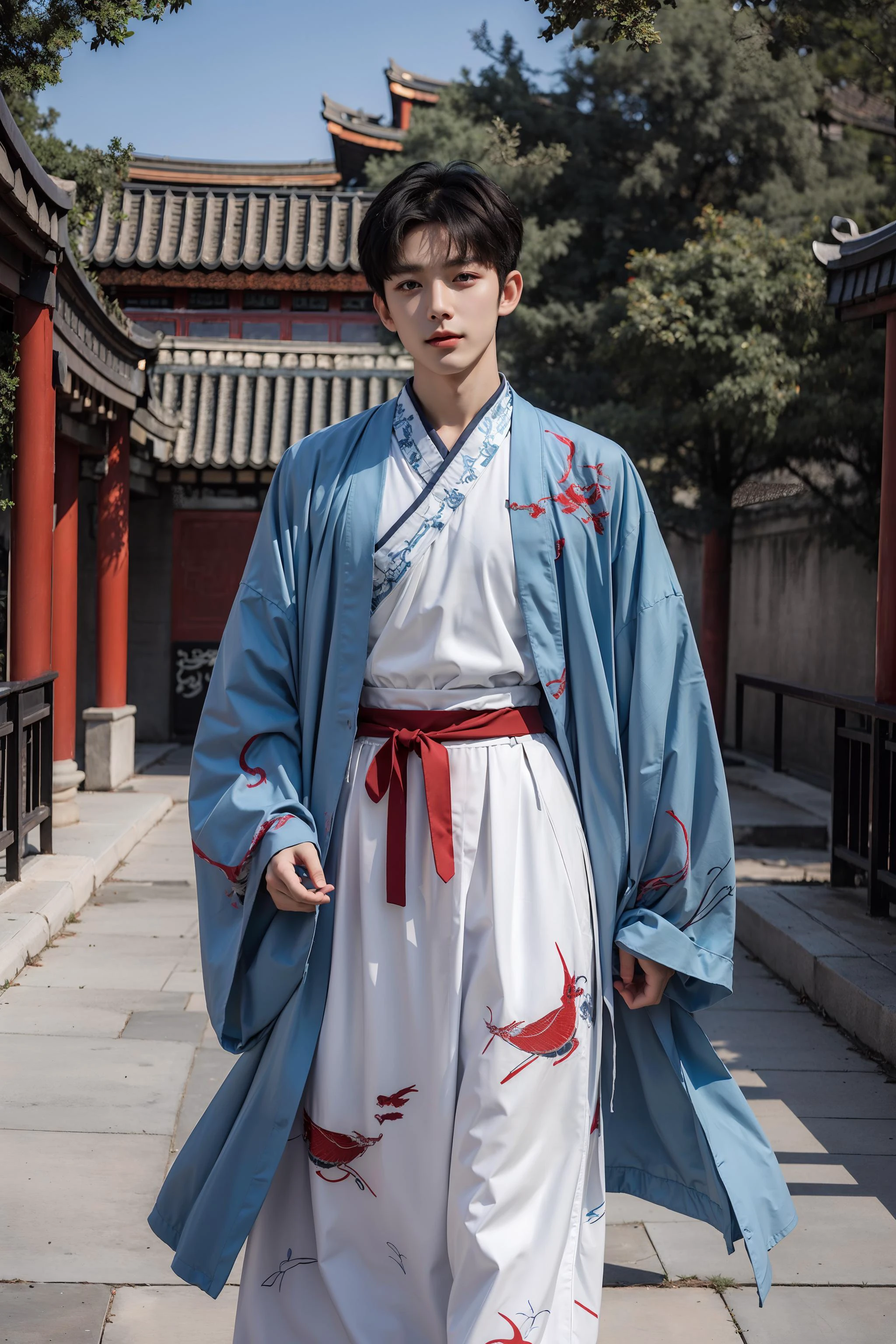 <lora:hanfu_nan:0.7>, 1boy, solo, short hair, big eyes, (blue print robe), (white long print skirt), (red print shirt),(upper body),(standing),((looking at viewer)),outdoors,(chinese style countryard),