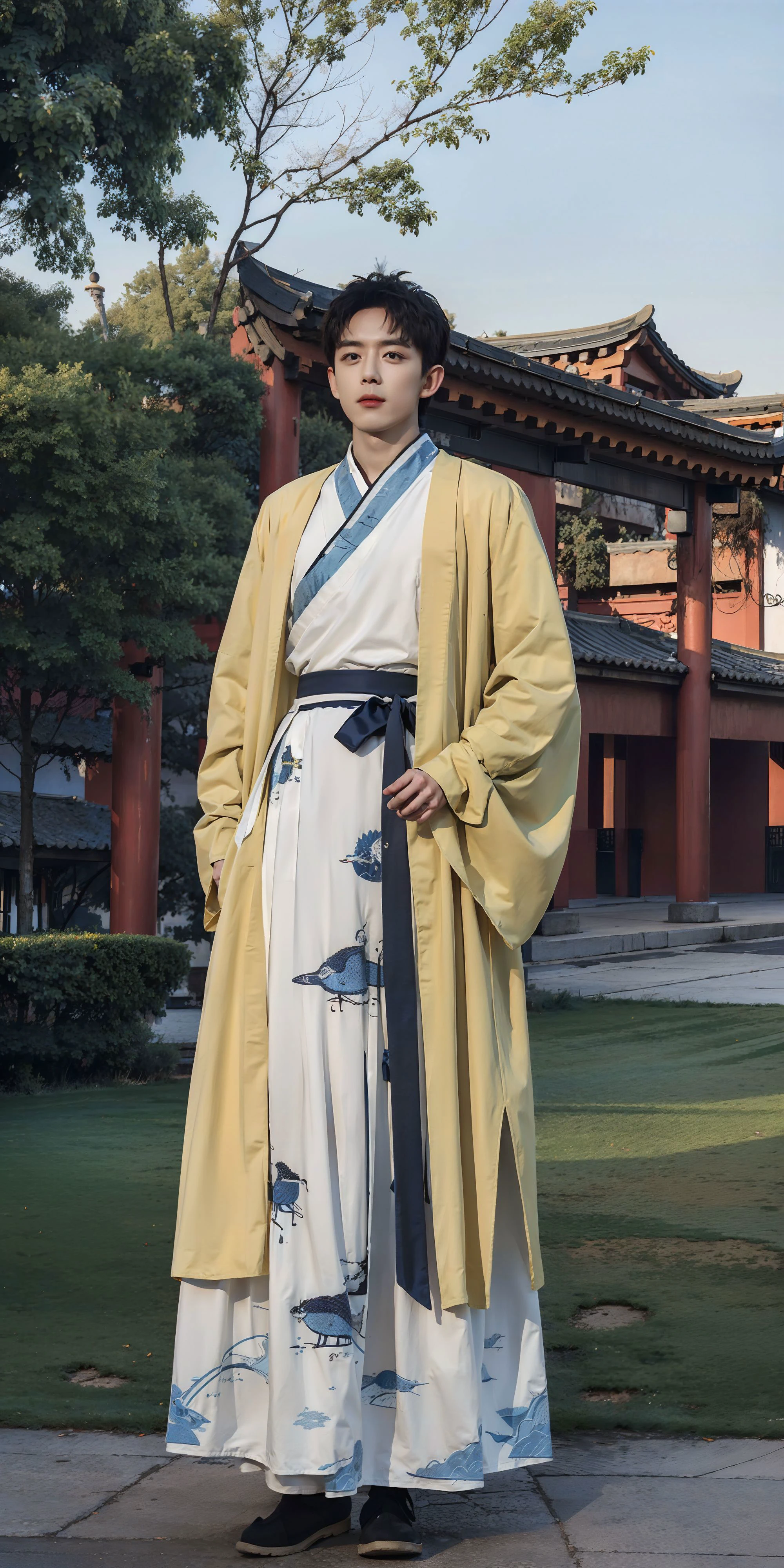<lora:hanfu_nan-000013:0.6>, 1boy, solo, short hair, big eyes, (white/red/black/blue print robe), (yellow/blue/white/red/black long print skirt), (yellow/blue/white/red/black print shirt),full body,(standing),outdoors,(chinese style countryard),<lora:HandsomeKoreanBoys:0.6>
