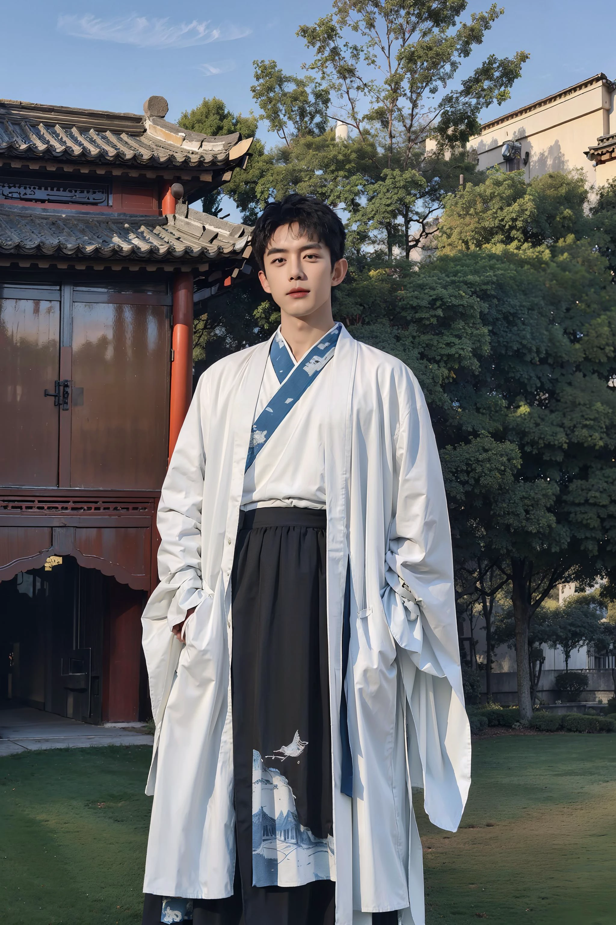 <lora:hanfu_nan:0.6>, 1boy, solo, short hair, big eyes, (white/red/black/blue print robe), (yellow/blue/white/red/black long print skirt), (yellow/blue/white/red/black print shirt),(upper body),(standing),outdoors,(chinese style countryard),<lora:HandsomeKoreanBoys:0.6>