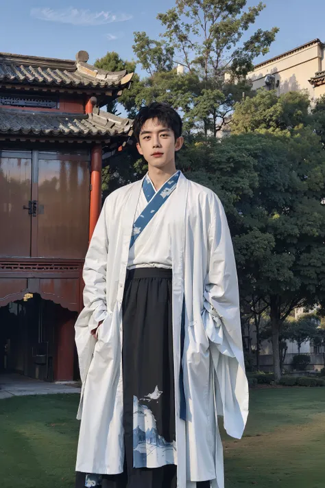 <lora:hanfu_nan:0.6>,  1boy, solo, short hair, big eyes, (white/red/black/blue print robe), (yellow/blue/white/red/black long print skirt), (yellow/blue/white/red/black print shirt),(upper body),(standing),outdoors,(chinese style countryard),<lora:HandsomeKoreanBoys:0.6>
