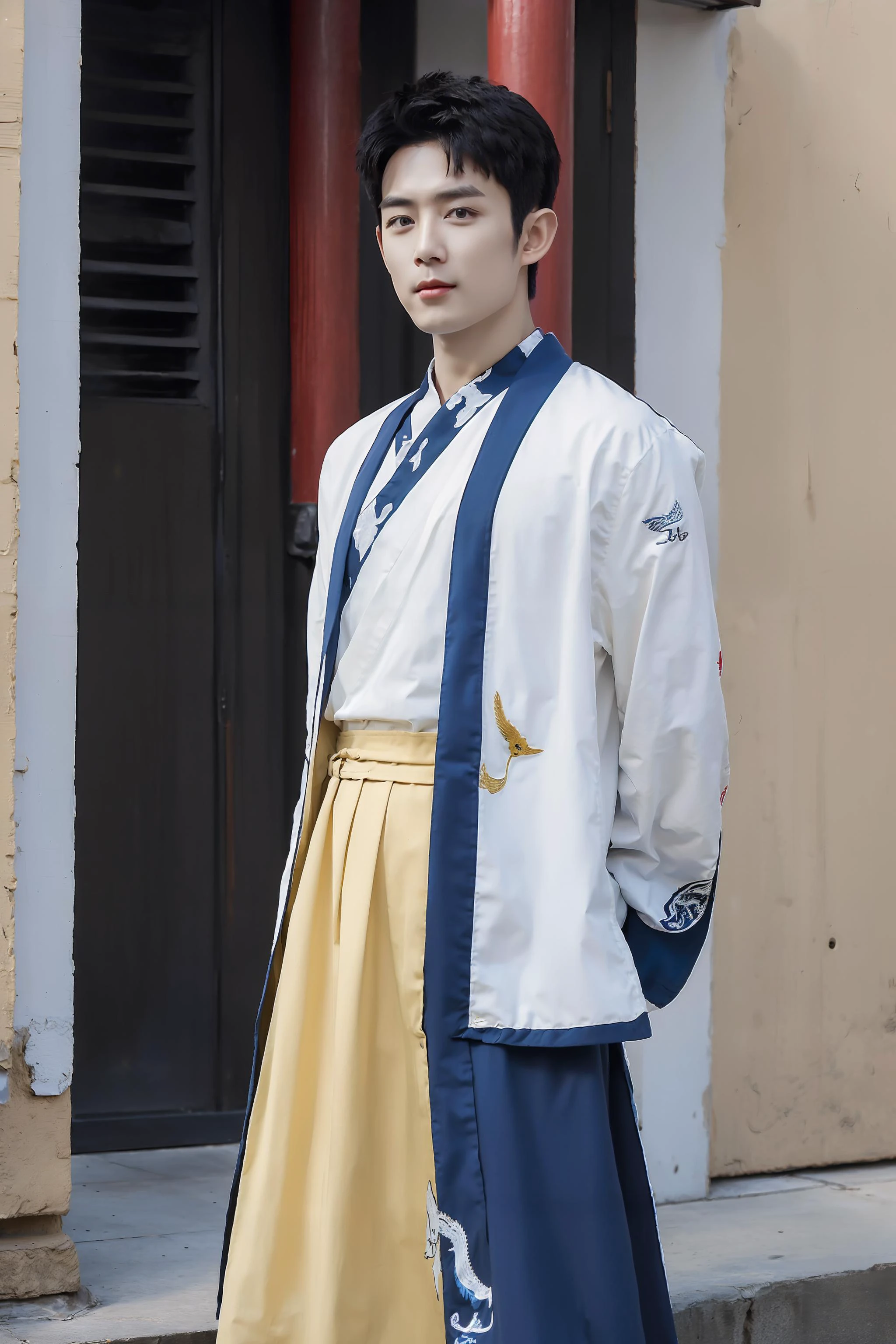 <lora:hanfu_nan:0.65>, 1boy, solo, short hair, big eyes, (white/red/black/blue print robe), (yellow/blue/white/red/black long print skirt), (yellow/blue/white/red/black print shirt),((upper body)),(standing),((looking at viewer)),outdoors,(chinese style countryard),<lora:HandsomeKoreanBoys:0.6>