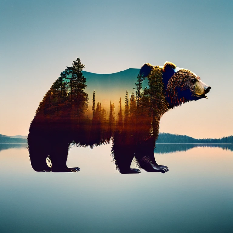 Arctic bear double exposure with forest on a serene lake