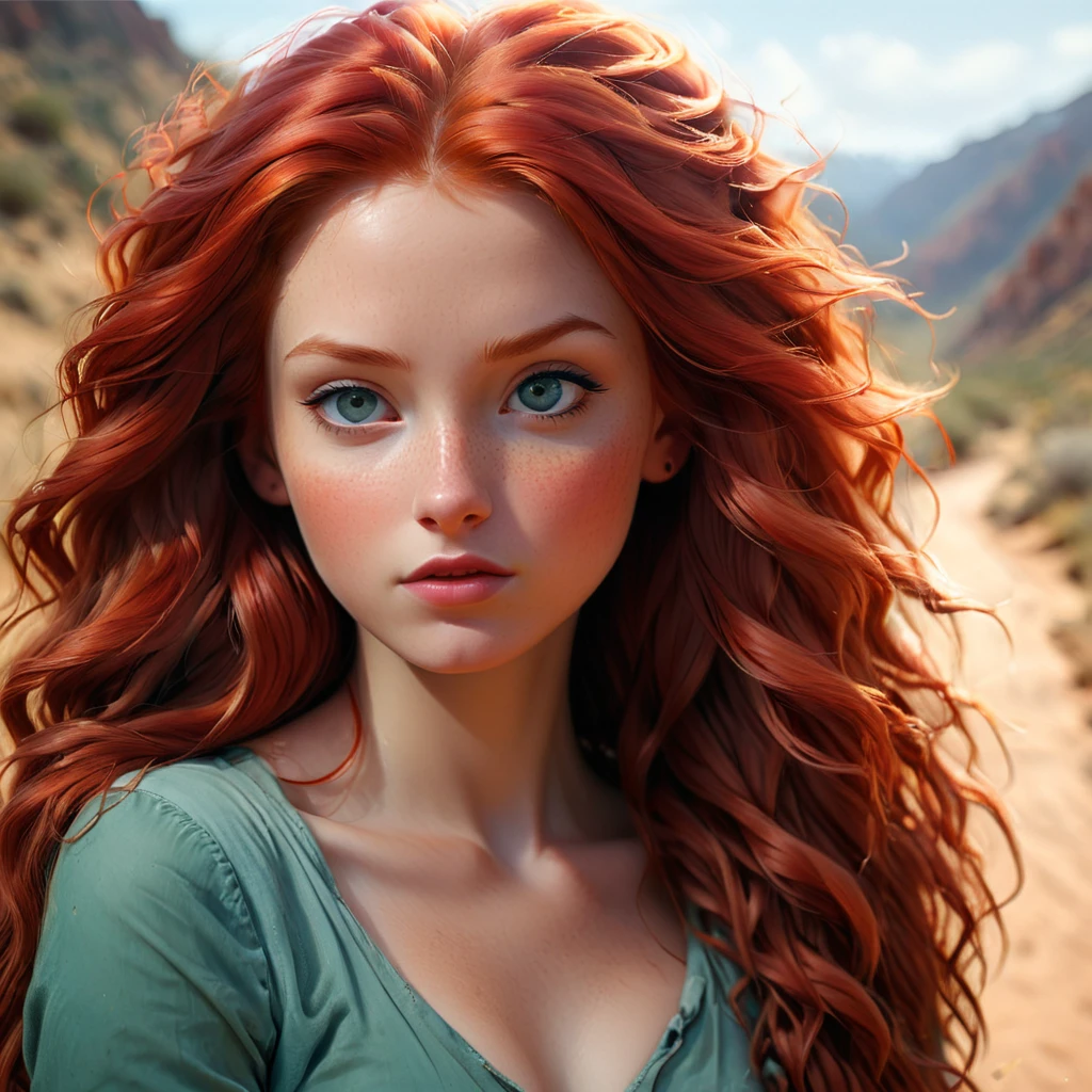a red haired girl with long red hair, a photorealistic painting by Mandy Jurgens