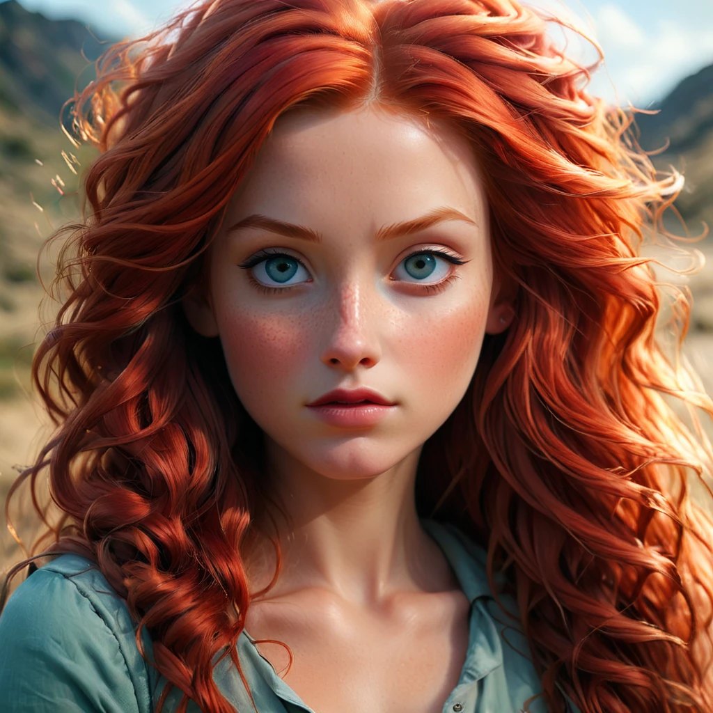 a red haired girl with long red hair, a photorealistic painting by Mandy Jurgens