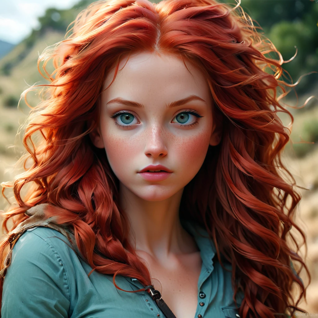 a red haired girl with long red hair, a photorealistic painting by Mandy Jurgens