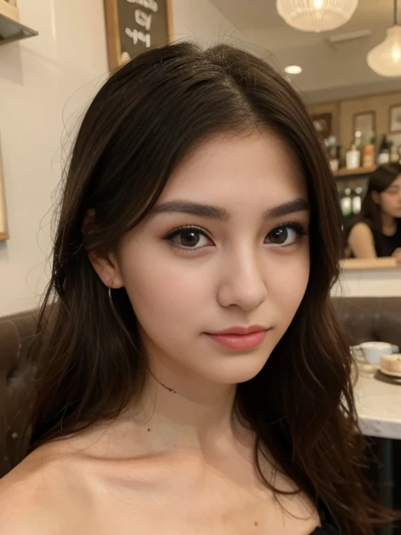 Photo of a 20 year old brunette woman, that has a very natural face, thin lips