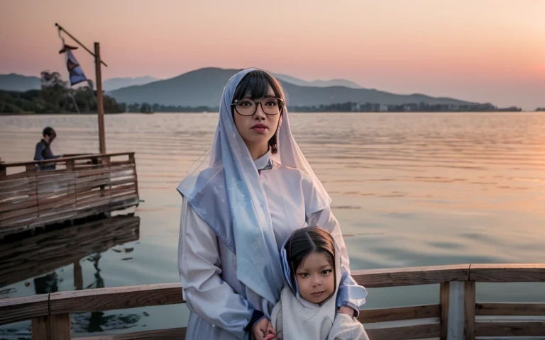 ibu dan anak nya sedaang berfoto dengan latar pemandangan danau