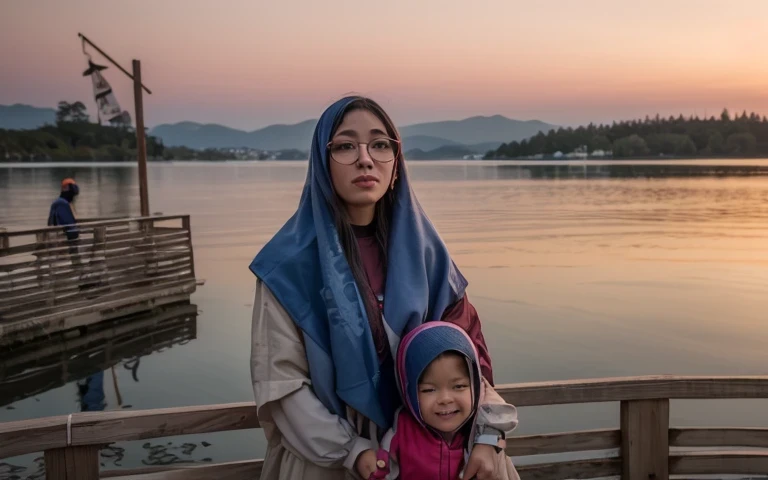 ibu dan anak nya sedaang berfoto dengan latar pemandangan danau