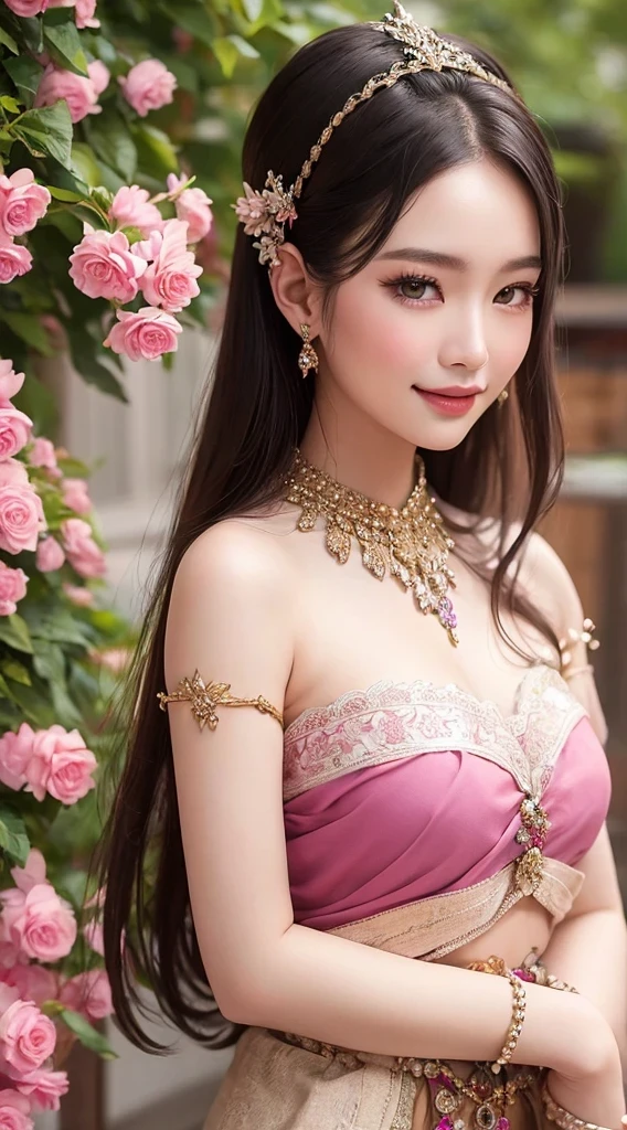 สาวไทยในชุดไทยดั้งเดิมสีม่วงแดงลายวิจิตร