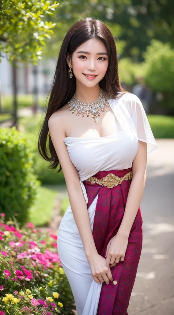 สาวไทยในชุดไทยดั้งเดิมสีม่วงแดงลายวิจิตร
