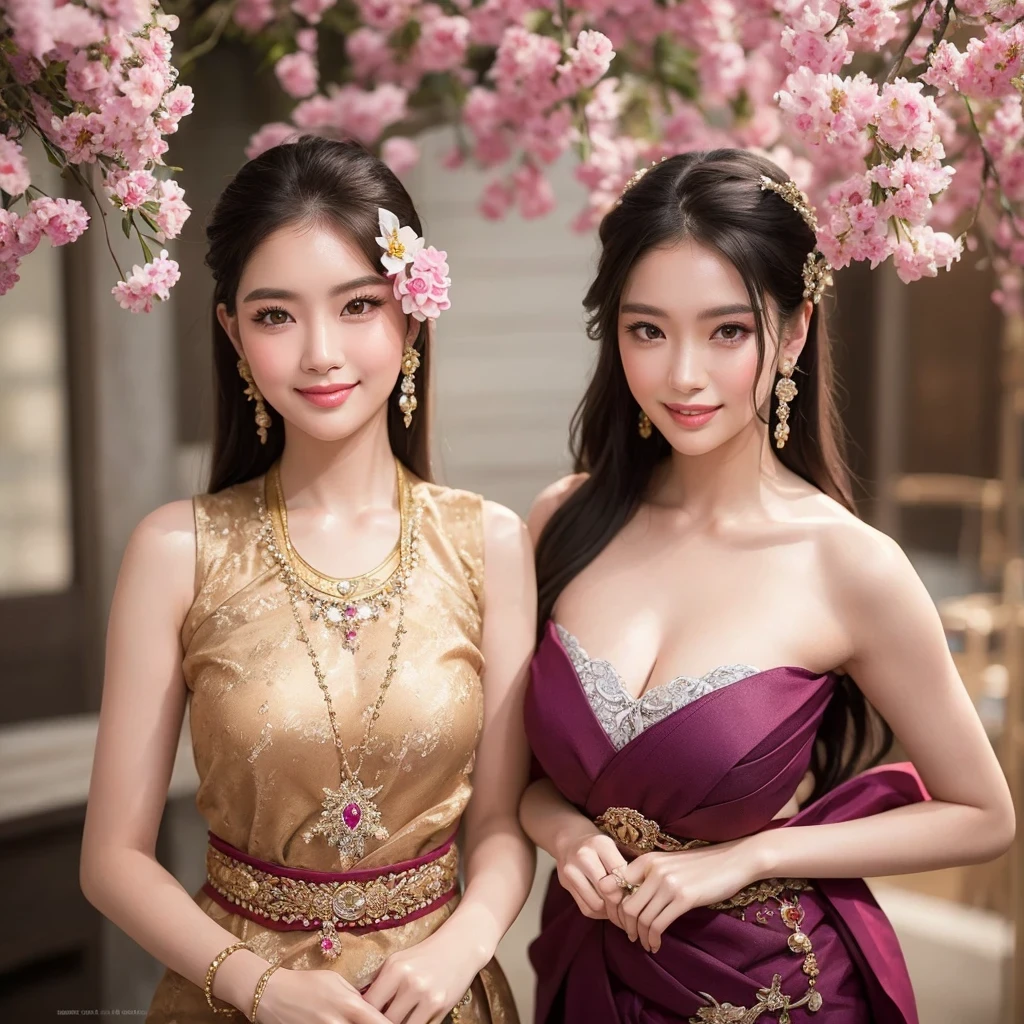 สาวไทยในชุดไทยดั้งเดิมสีม่วงแดงลายวิจิตร
