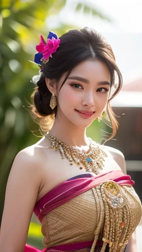 สาวไทยในชุดไทยดั้งเดิมสีม่วงแดงลายวิจิตร