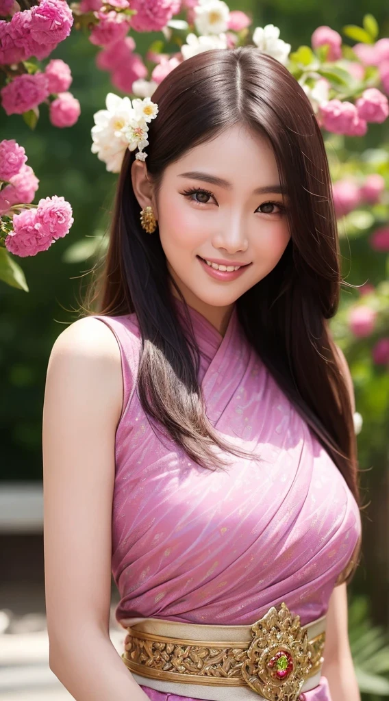สาวไทยในชุดไทยดั้งเดิมสีม่วงแดงลายวิจิตร