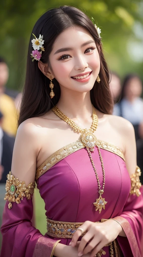 สาวไทยในชุดไทยดั้งเดิมสีม่วงแดงลายวิจิตร