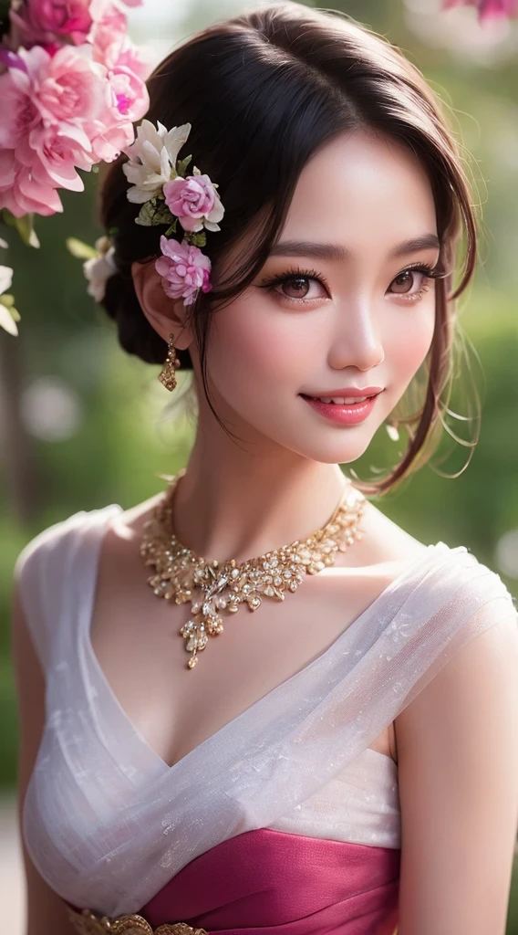 สาวไทยในชุดไทยดั้งเดิมสีม่วงแดงลายวิจิตร