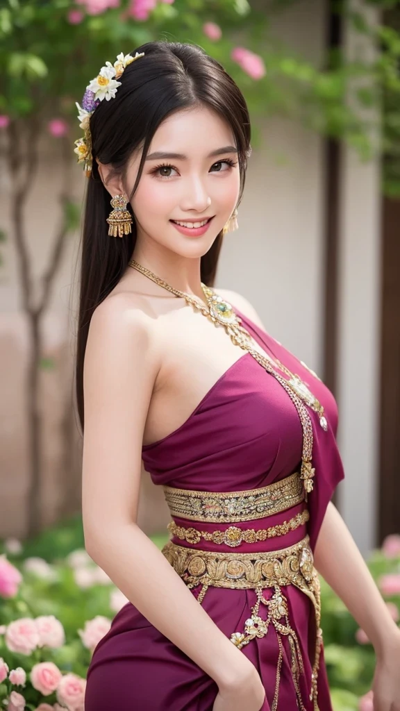 สาวไทยในชุดไทยดั้งเดิมสีม่วงแดงลายวิจิตร