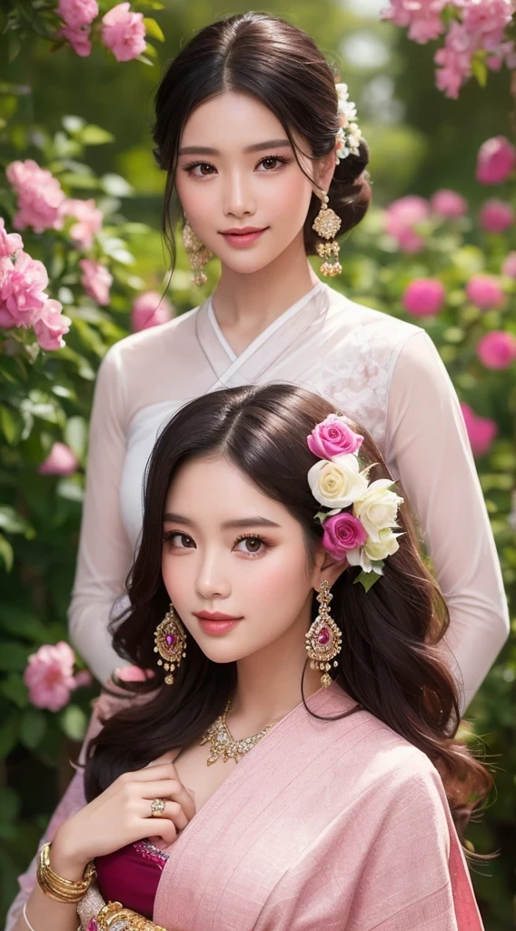 สาวไทยในชุดไทยดั้งเดิมสีม่วงแดงลายวิจิตร