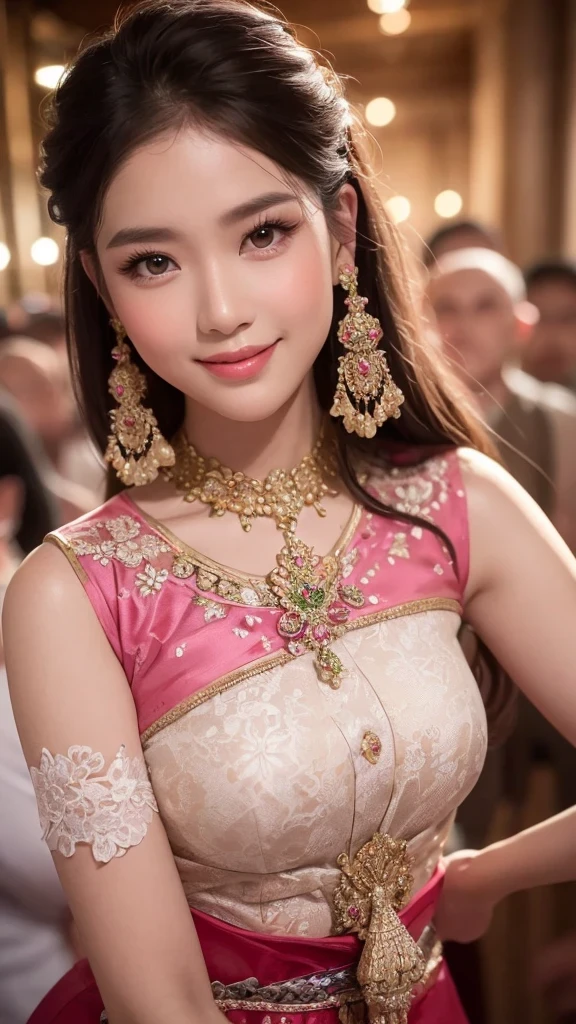 สาวไทยในชุดไทยดั้งเดิมสีม่วงแดงลายวิจิตร
