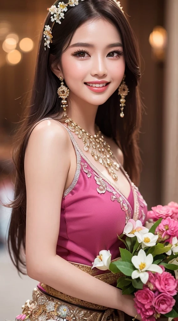 สาวไทยในชุดไทยดั้งเดิมสีม่วงแดงลายวิจิตร