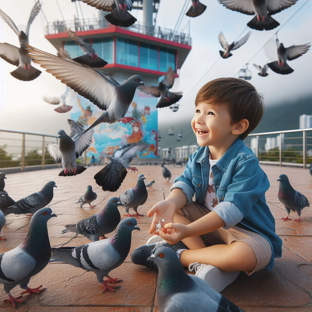 Cậu bé cho chim bồ câu ăn