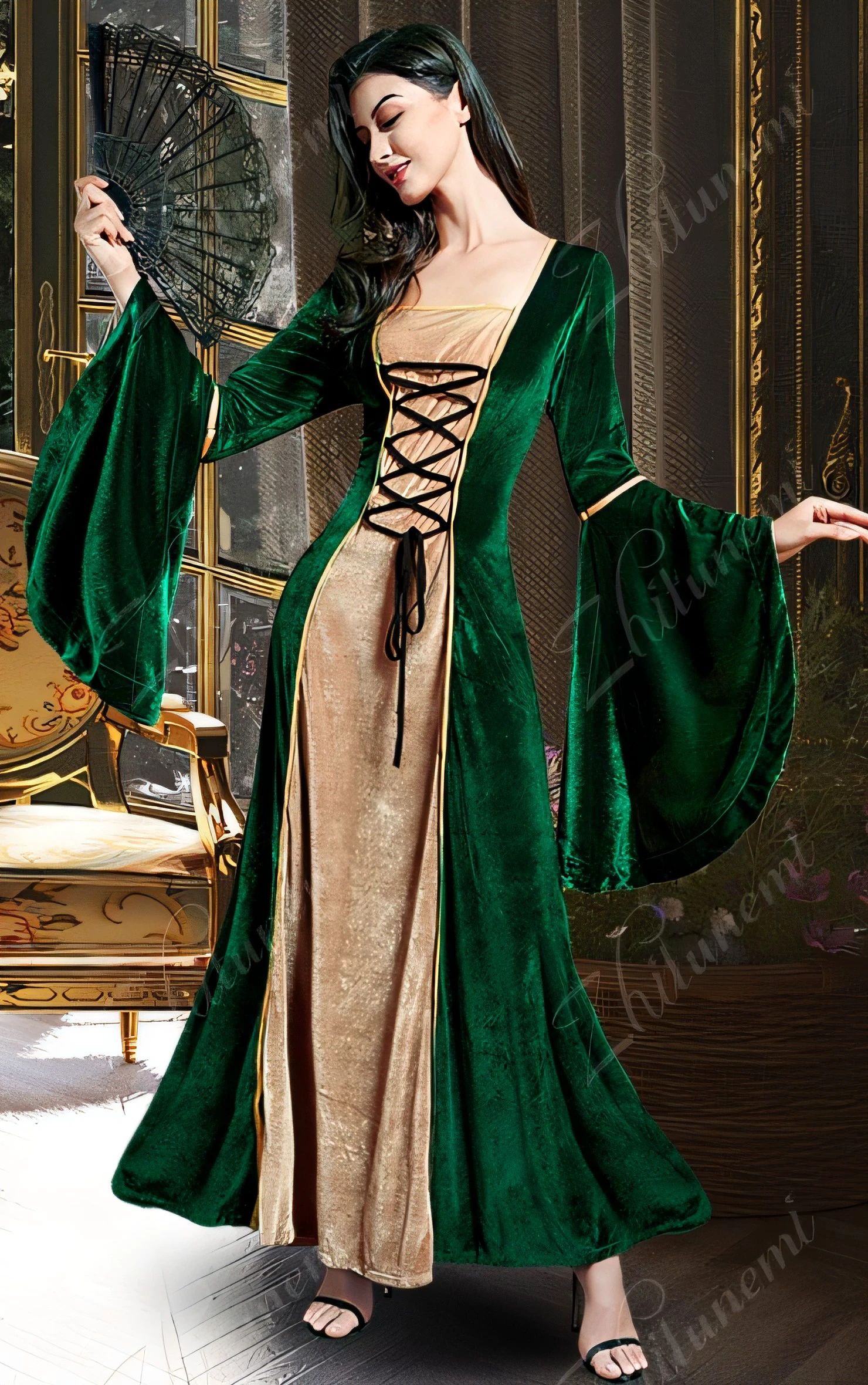 Middle ages Princess Dress, Red dress, Green dress, Halloween costume