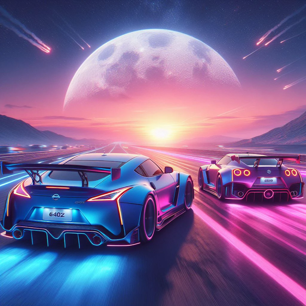 2 supercars Nissan 640Z blue and pink electric color