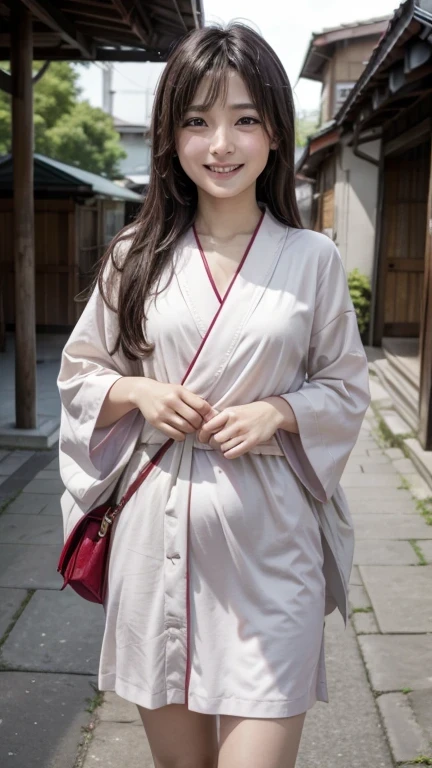 A　woman in a kimono with beautiful smile.