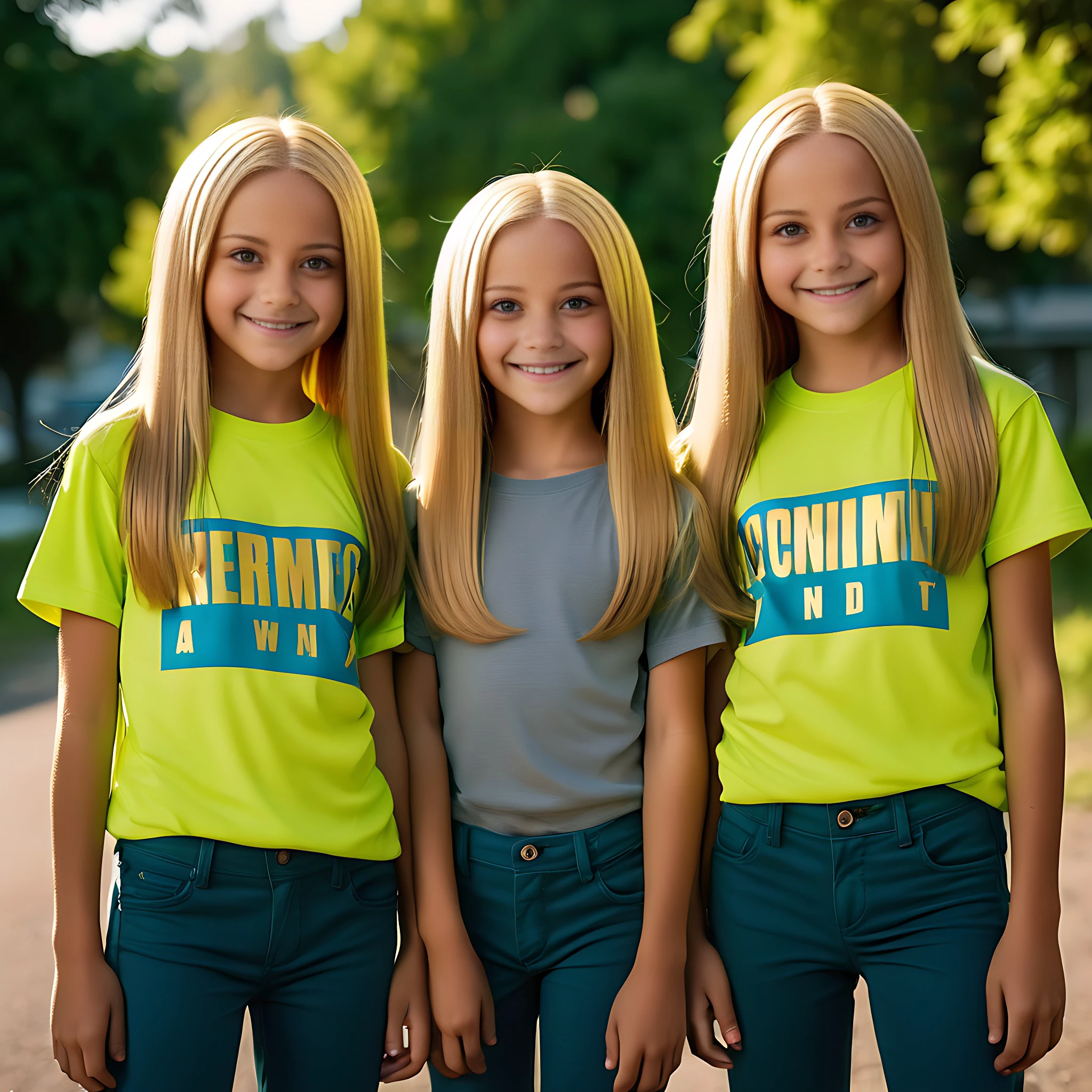 3 young blonde girls, one wearing solid grey t-shirt, the other 2 yellow shirts.