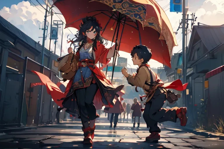 anime style girl with kid under the umbrella