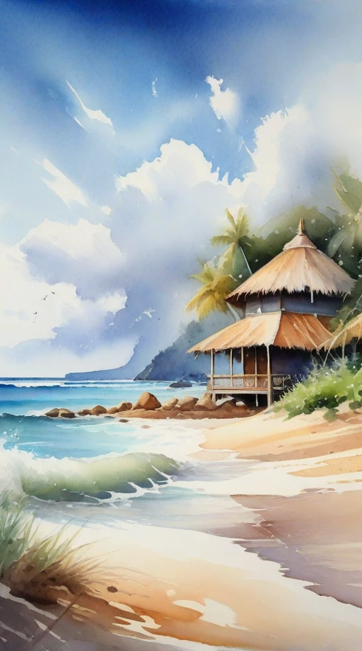 aquarela beira da praia , cabanas nas montanhas