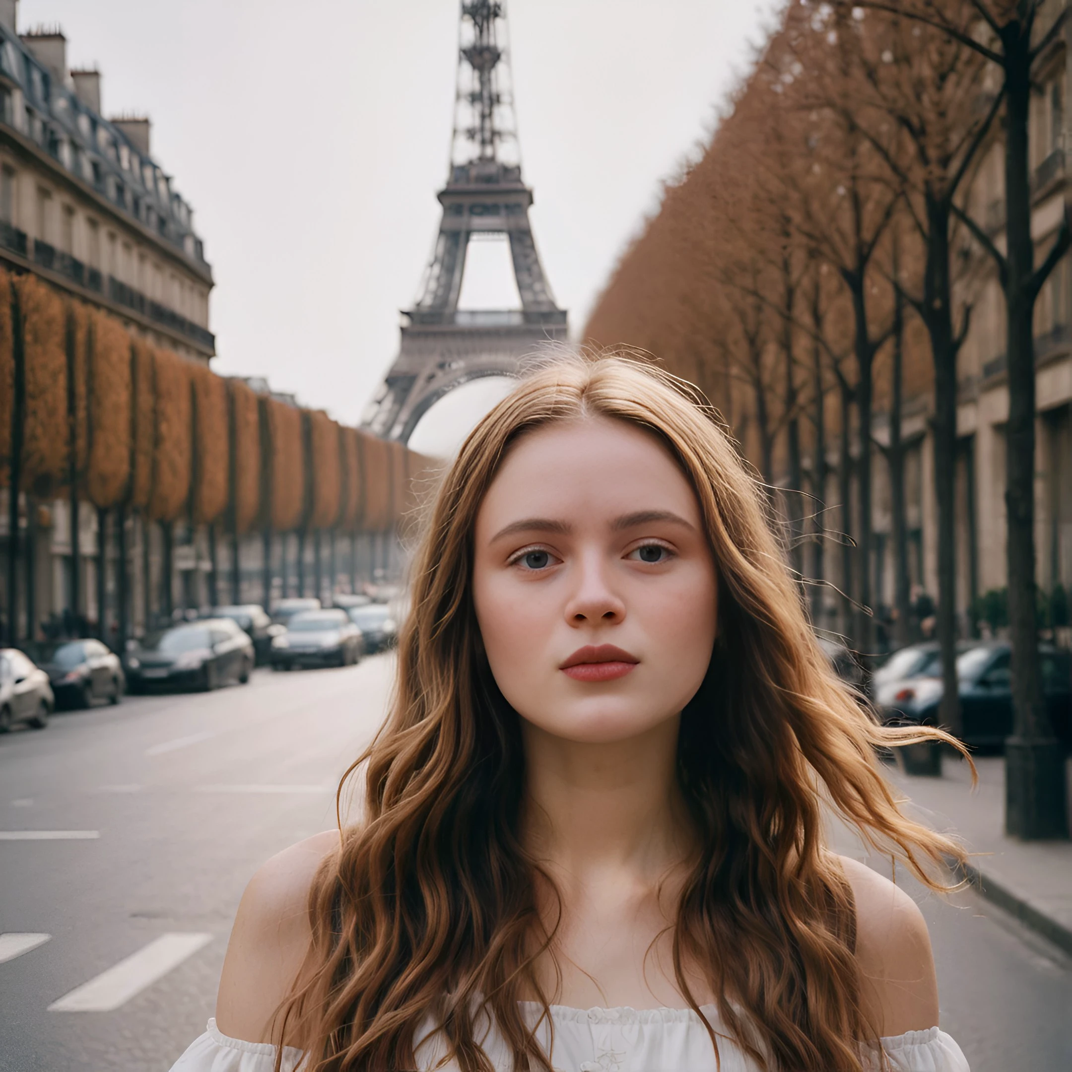 Sadie Sink in Paris around Eiffel Tower