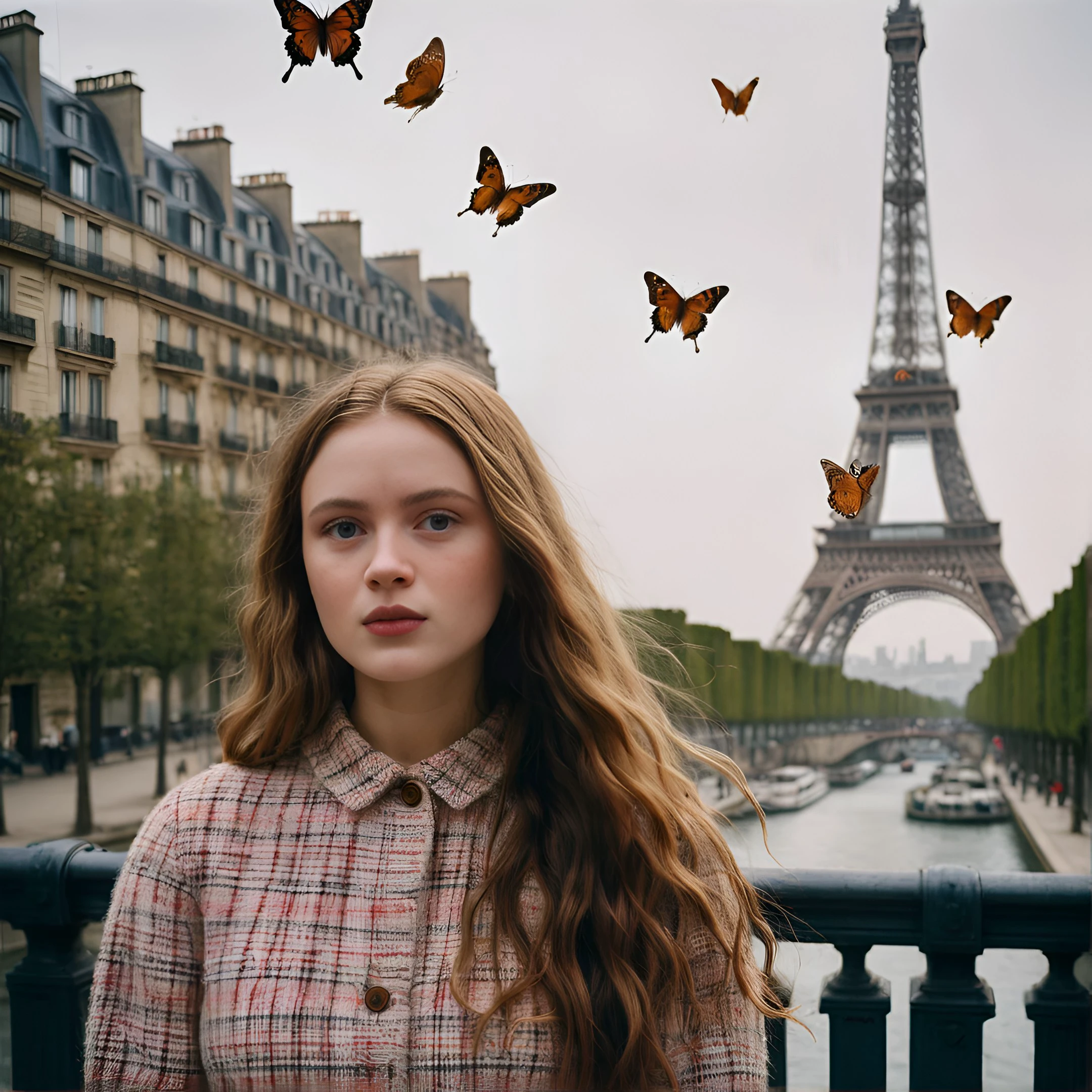 Sadie Sink in Paris around Eiffel Tower