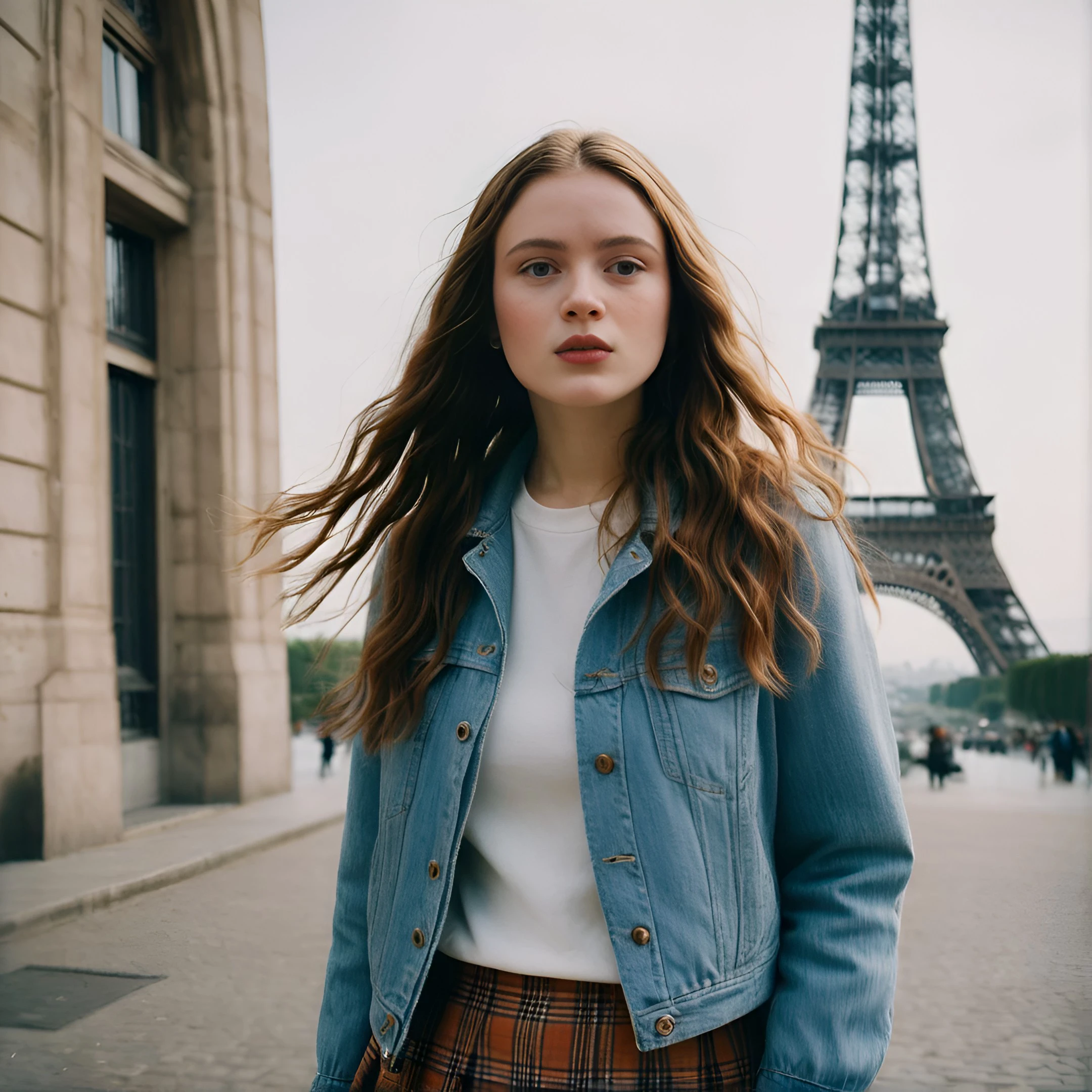 Sadie Sink in Paris around Eiffel Tower