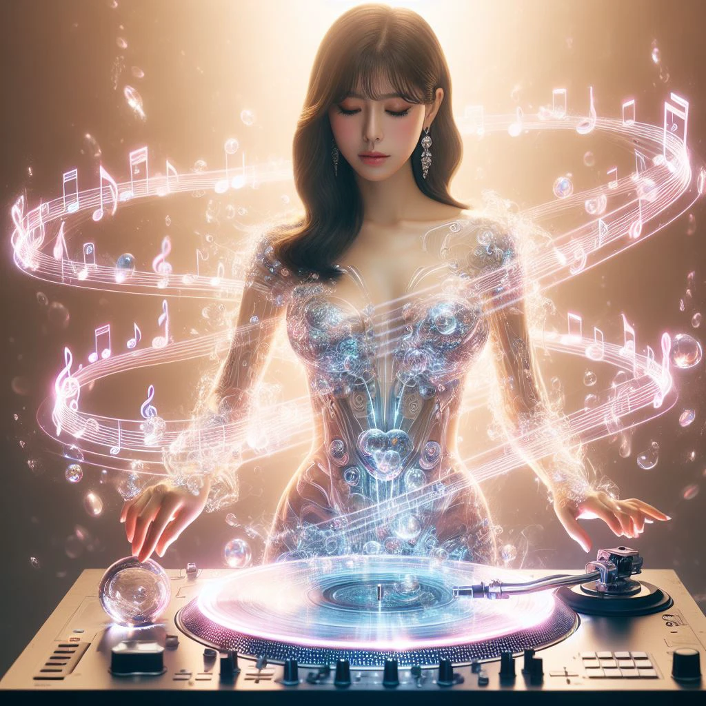 a girl is playing a liquid music
