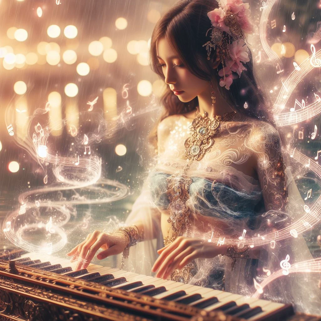 a girl is playing a liquid music