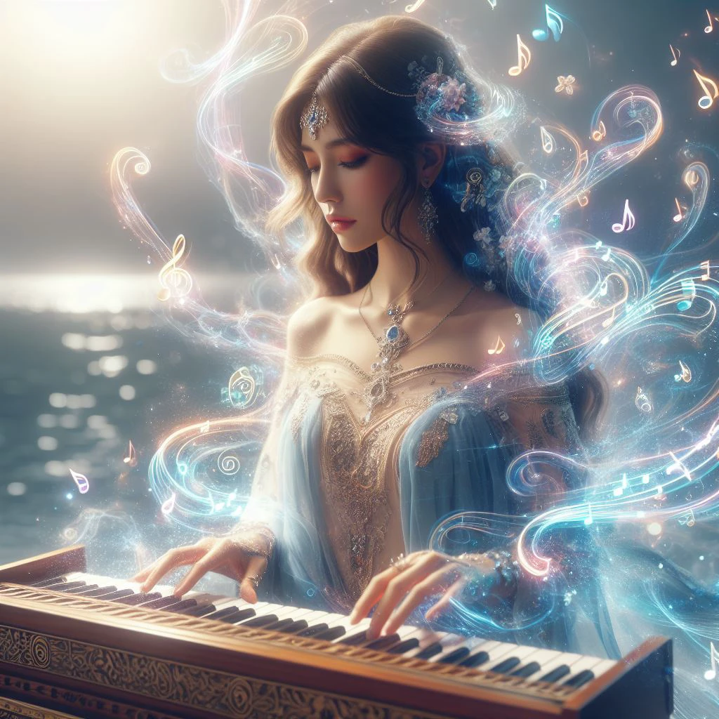 a girl is playing a liquid music
