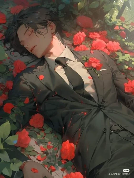 Boy sleeps on flower