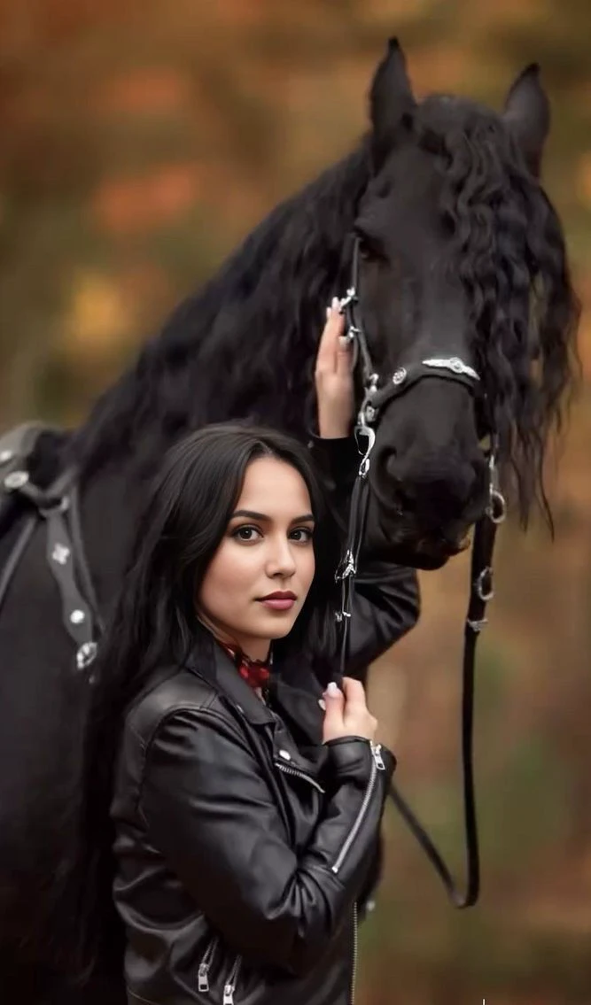A woman stand near a horse, beaty caucasian and latin girl with almendred eyes
