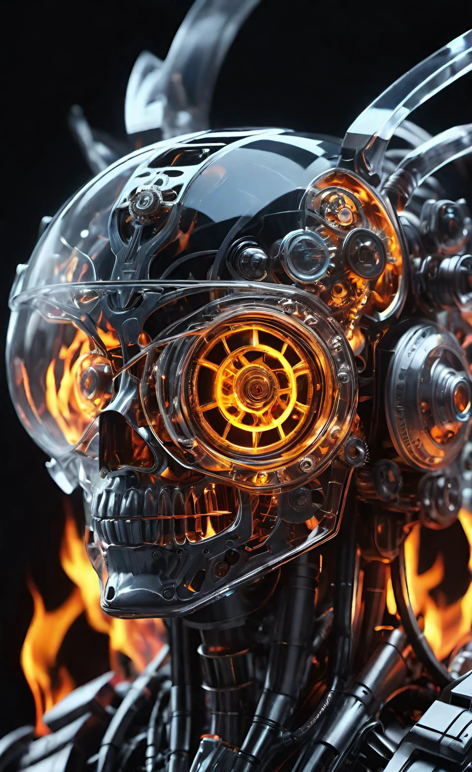 há um close de um robô com um rosto brilhante, obras de arte intrincadas. 