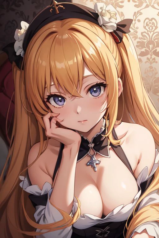 A close up of a woman in a dress sitting on a table