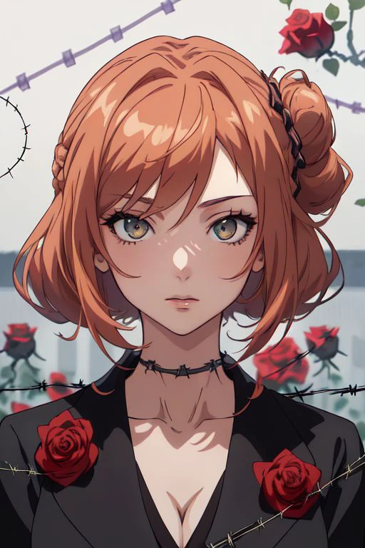A woman with a dress and a rose in her hair