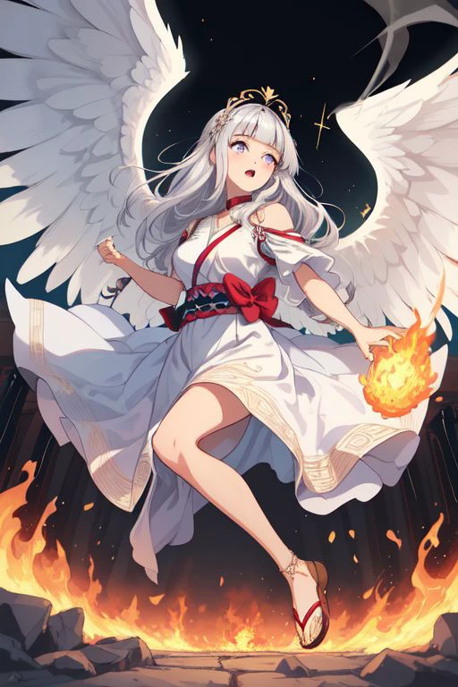 A woman with white hair and wings holding a sword