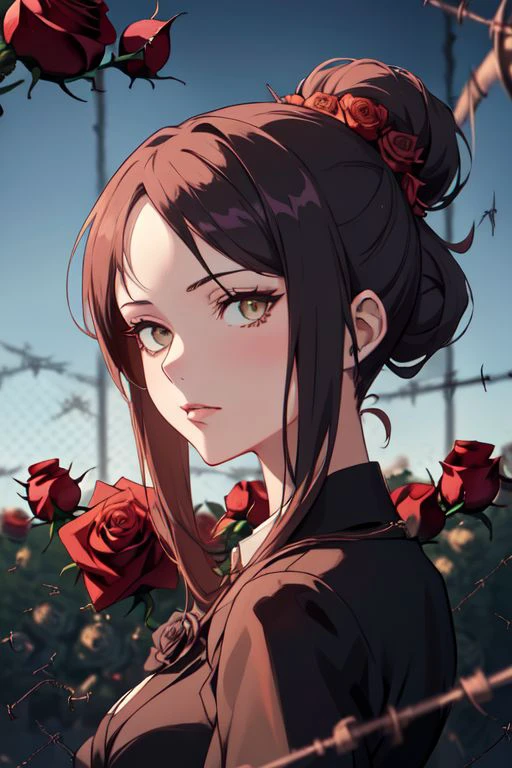 A woman with a dress and a rose in her hair