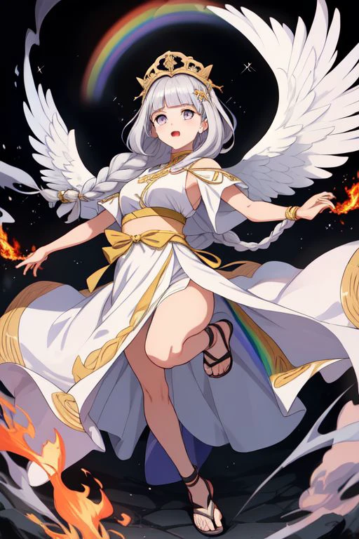 A woman with white hair and wings holding a sword