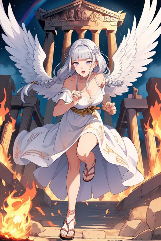 A woman with white hair and wings holding a sword