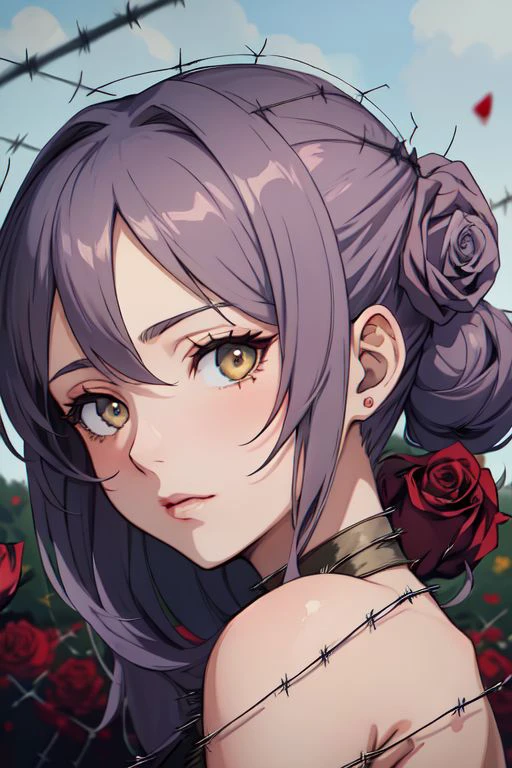 A woman with a dress and a rose in her hair