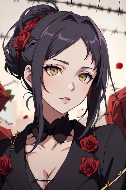 A woman with a dress and a rose in her hair