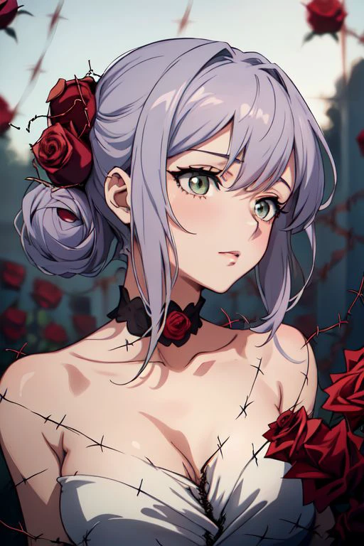 A woman with a dress and a rose in her hair