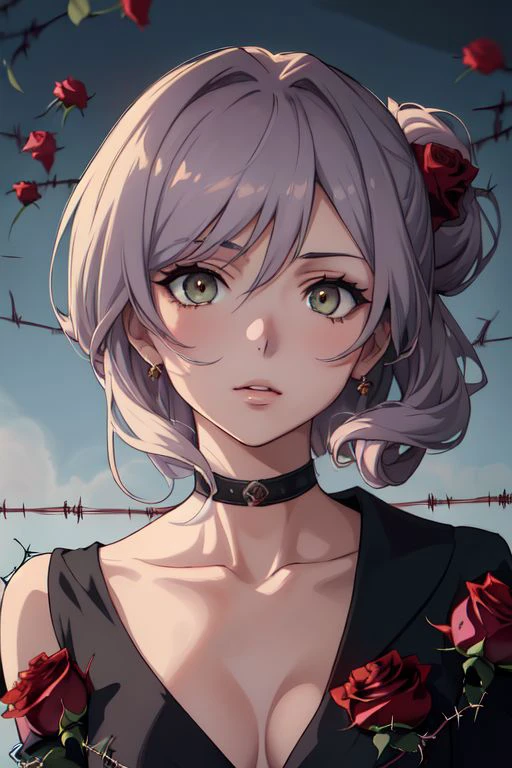 A woman with a dress and a rose in her hair